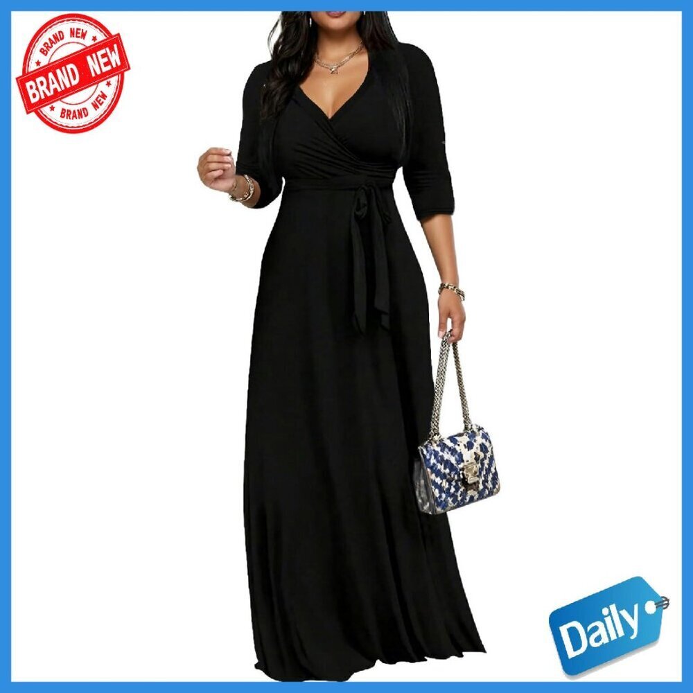 Women's 3/4 Sleeve Wrap V-Neck Maxi Dress with Belt - Polyester Spandex